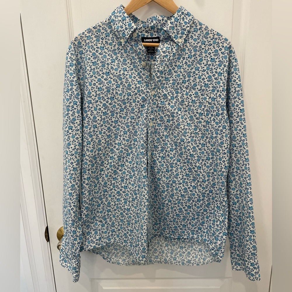 Lands' End Men's Blue Floral Pattern Button Down Shirt